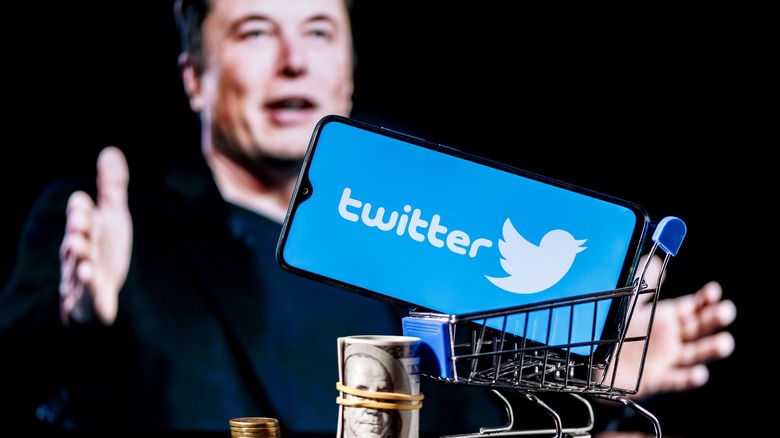 Logo of social network Twitter on smartphone screen in shopping cart with money and photo Elon Musk in background.