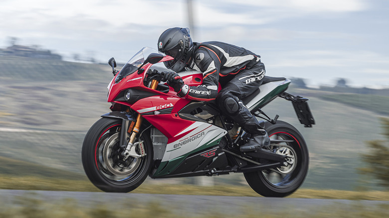 Tricolor Energica EGO+ speeding down a road