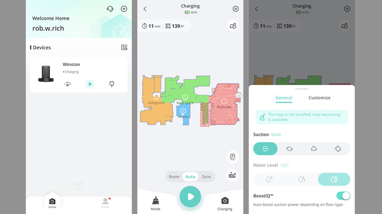 screenshots from the Eufy app showing the connected Clean X8 Pro vacuum, floor maps, and cleaning settings