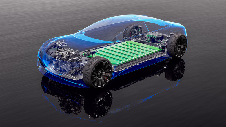 A car with a transparent chassis showing the internals and battery pack of an EV