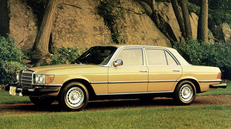 A beige Mercedes-Benz 300SD parked on the grass