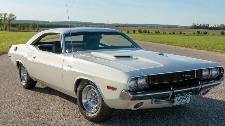 White 1970 Dodge Challenger parked on tarmac