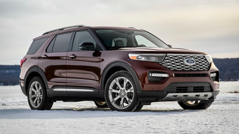 Red 2020 Ford Explorer parked on snow