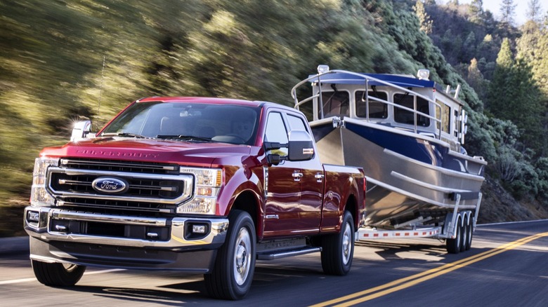 2020 Ford Super Duty F-250 towing a large boat