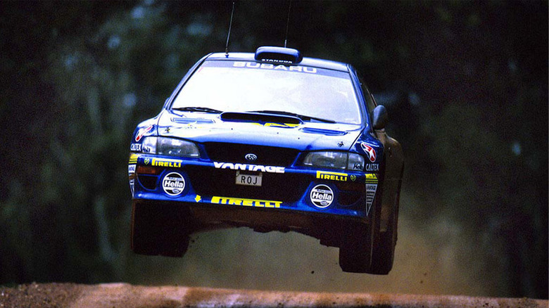 A first-generation Subaru WRX in midair. 