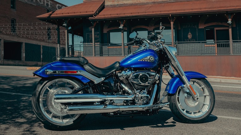 Blue 2025 Harley-Davidson Fat Boy parked in the street