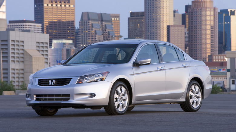 The eighth generation Honda Accord in silver, front 3/4