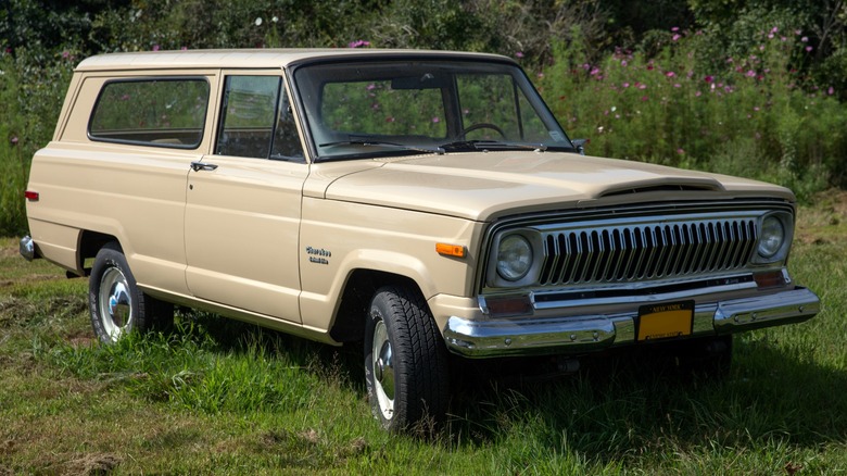 Beige Jeep Cherokee SJ parked on grass