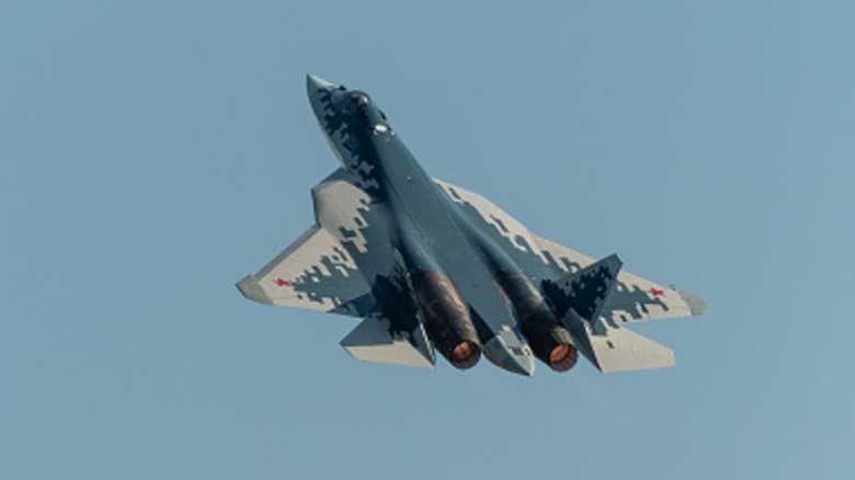 A Russian Su-57 climbing in the sky