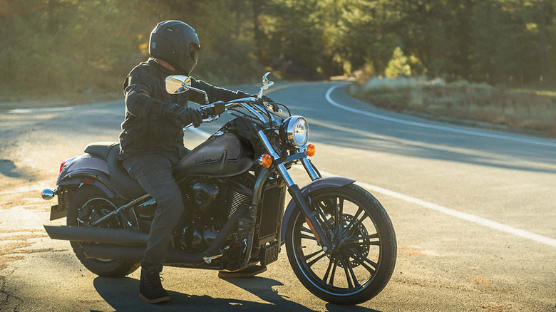 Person sitting on a Vulcan 900 Custom on the side of the road