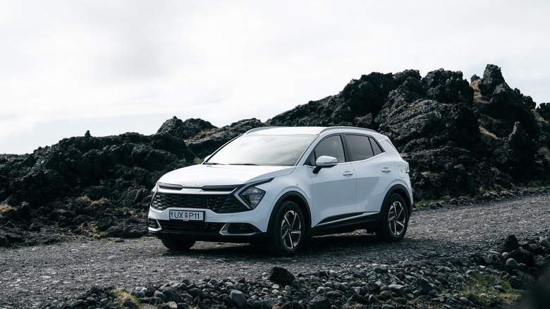 Kia Sportage driving on a road in Iceland