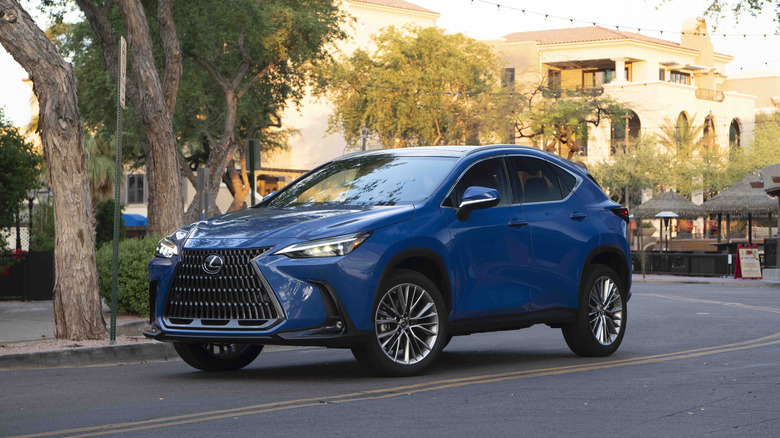 Blue 2025 Lexus NX parked on a street in urban environment