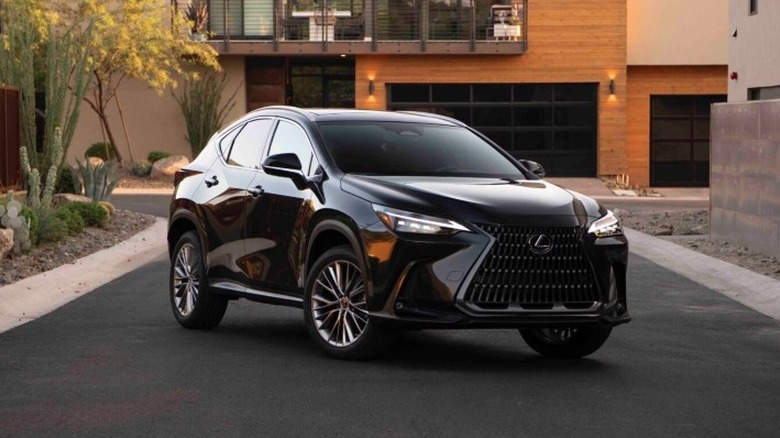 Black 2025 Lexus NX 350 parked on road in front of a building