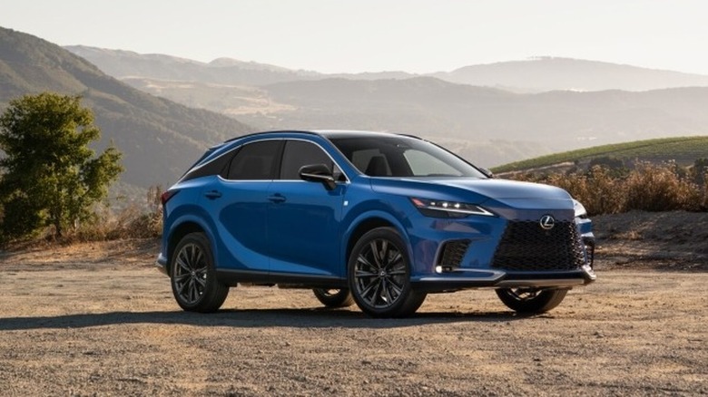 Grecian Water Lexus RX 350 Sport Handling parked on unpaved surface with mountains in the background