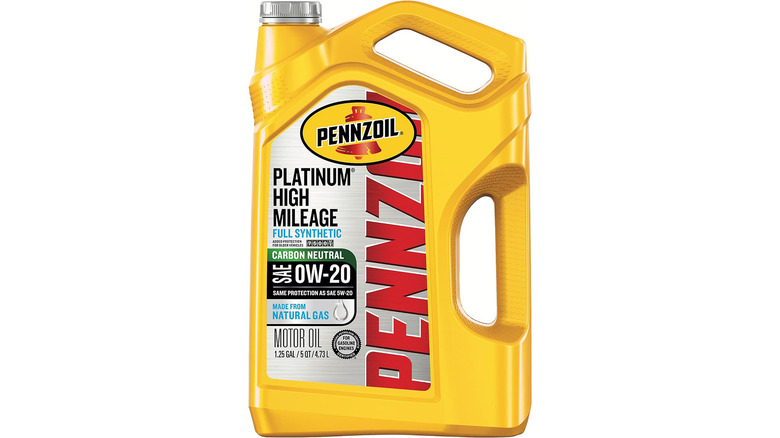 A yellow bottle of Pennzoil Platinum High Mileage oil. 