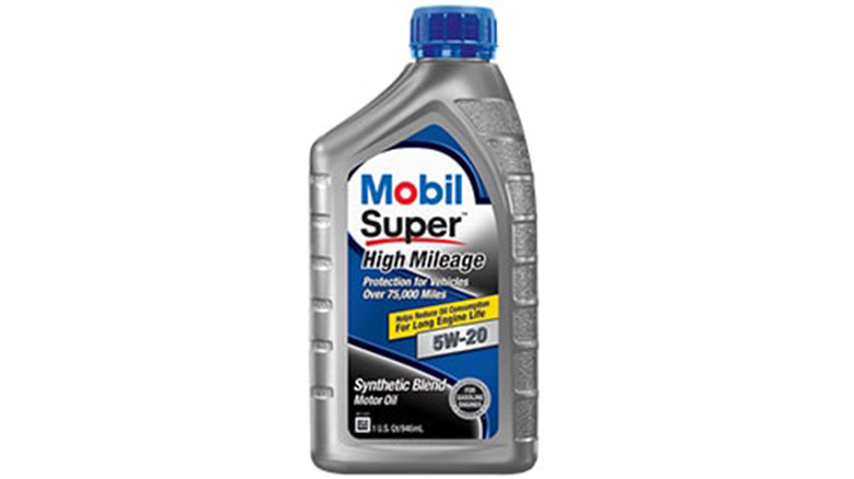 A bottle of Mobil Super High Mileage motor oil