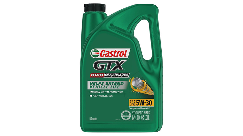 A bottle of Castrol GTX High Mileage motor oil