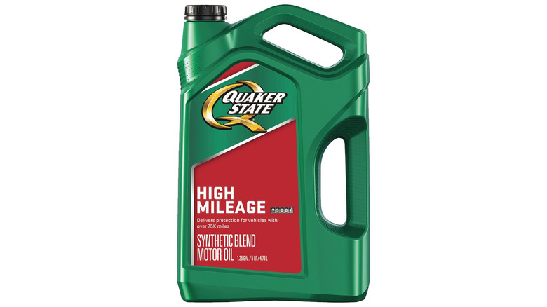 A green bottle of Quaker State High Mileage Oil