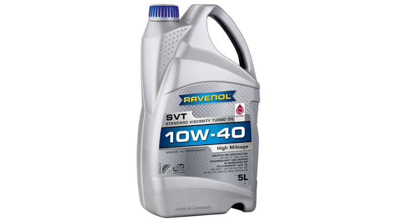 A bottle of high mileage oil from Ravenol