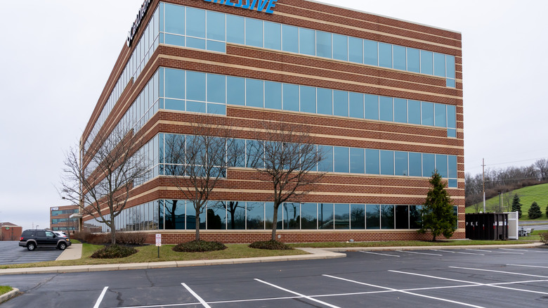 A Progressive Insurance office building on a cloudy day