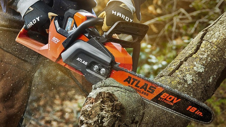 cutting wood with Atlas chainsaw