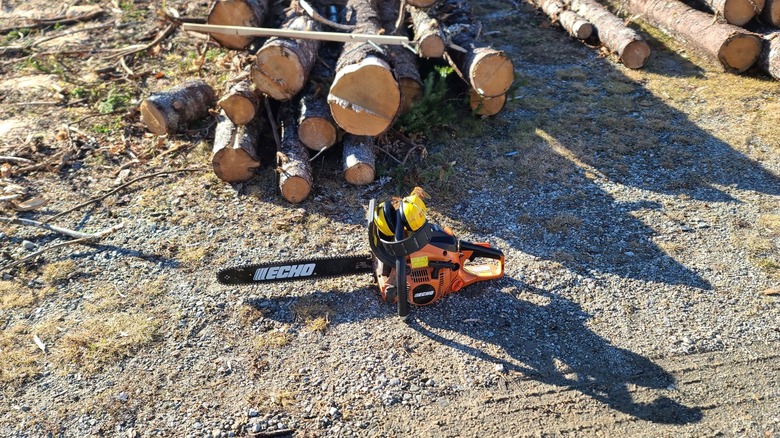 an Echo chainsaw in front of pile of logs