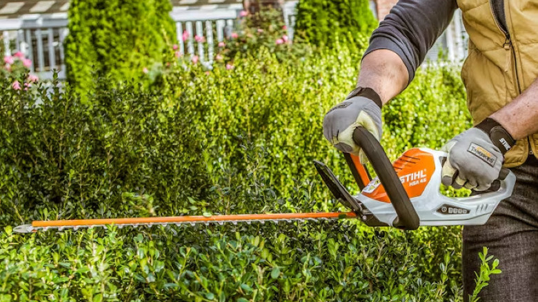 person using hedge trimmer on bushes