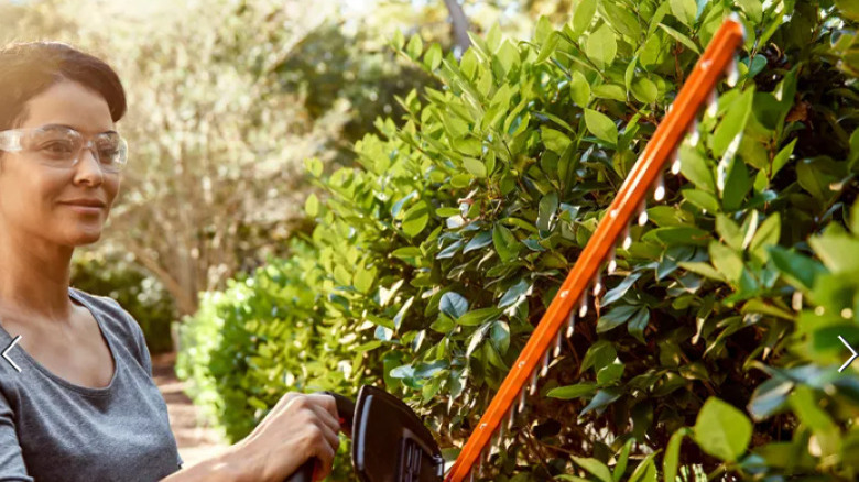 woman using hedge trimmer on bushes