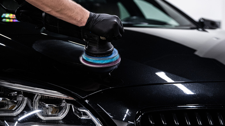 person polishing a black car