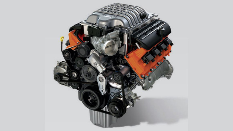 A Hellcat 6.2-liter Hemi V8 stock photo