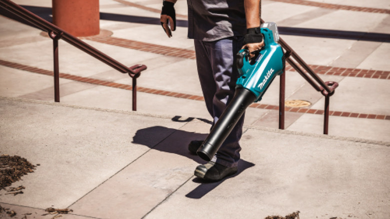 Person clearing leaves with Makita leaf blower