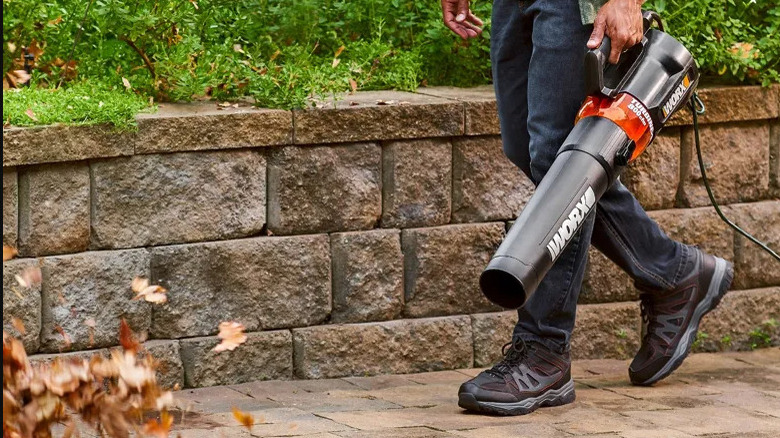 Person using Worx leaf blower