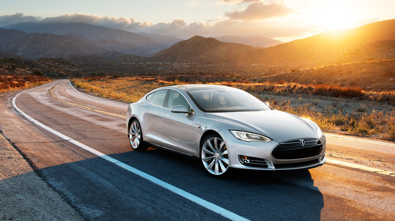 Silver Tesla driving desert road