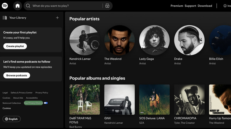 Spotify web player showing popular artists. albums, and singles