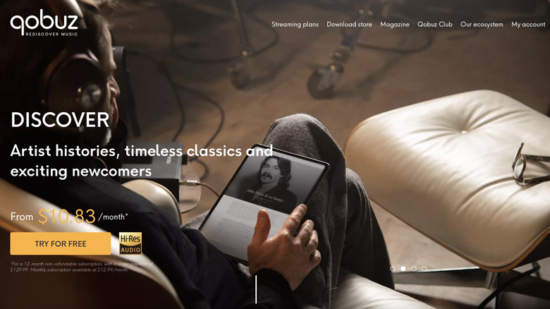Qobuz website UI with a try for free button