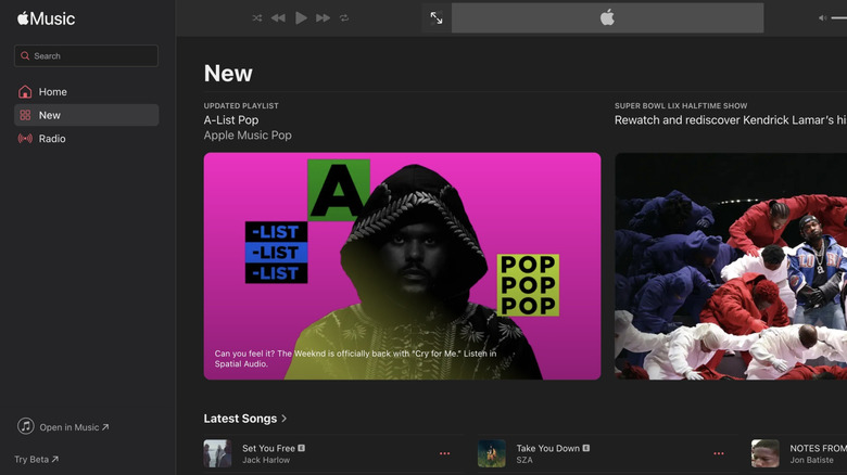 Apple Music web player with the album arts of some latest songs