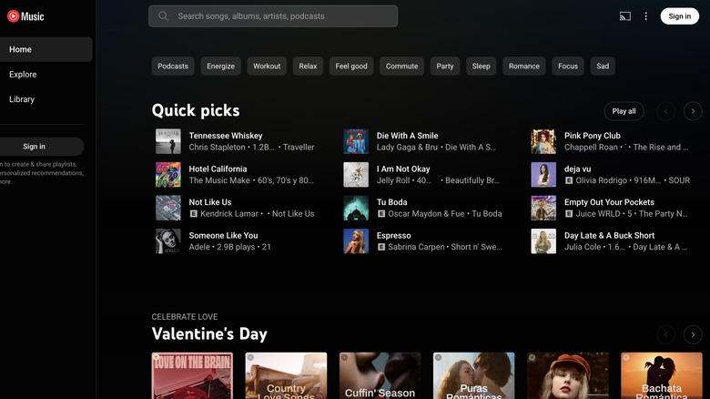 YouTube Music web player showing quick picks for tracks and a Valentine's day playlist