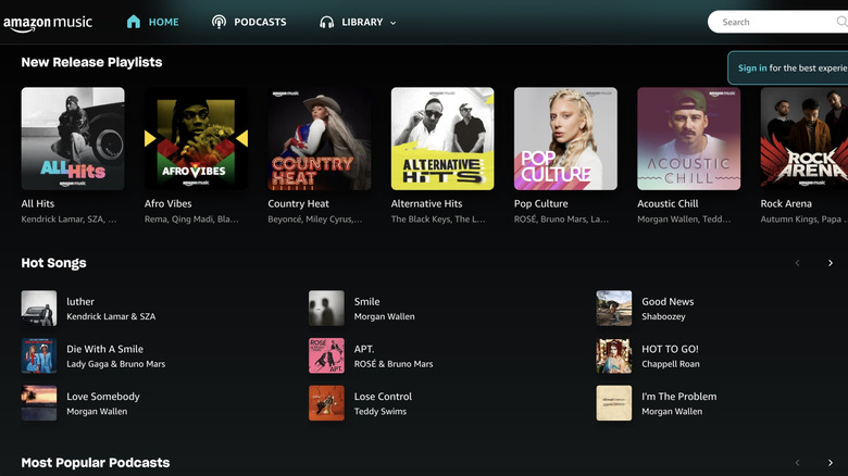 Amazon Music web player displaying new releases, hot songs, and popular podcasts