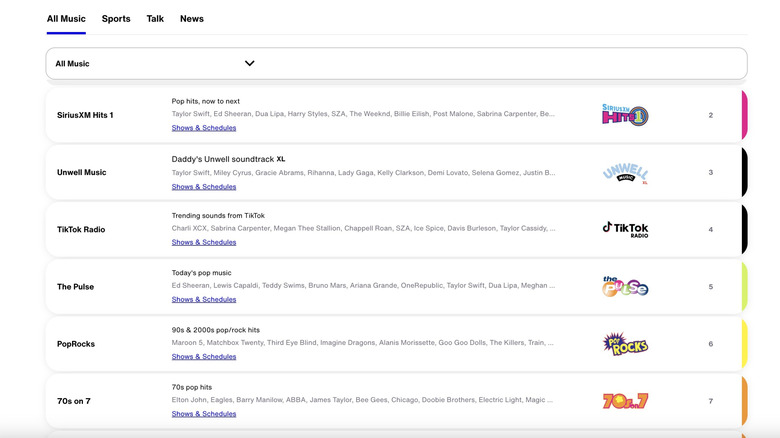 Multiple music stations for streaming on SiriusXM