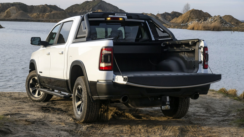 A white Ram 1500 with the liftgate open