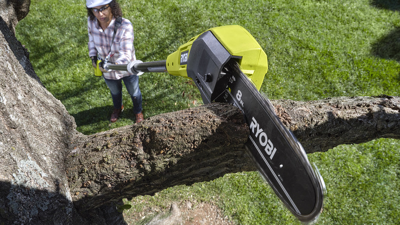 Person using a Ryobi pole saw