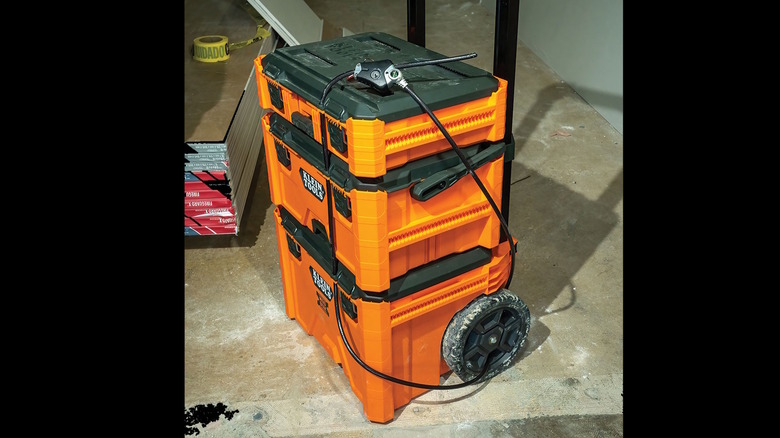 Klein toolboxes secured by cable lock