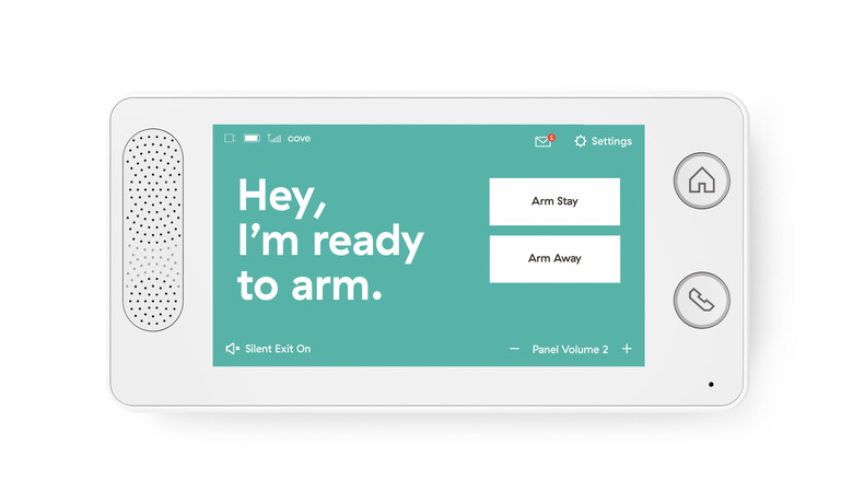 The Cove smart hub on a white background displaying the words "Hey, I'm ready to arm."