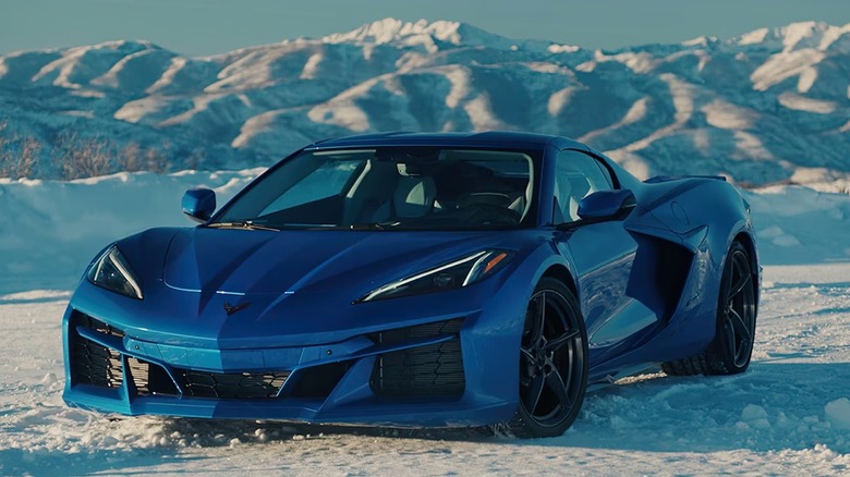 The all-wheel-drive 2025 Chevy Corvette E-Ray parked in the snow.