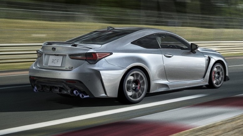 Rear 3/4 shot of a 2025 Lexus RC F Final Edition on the track