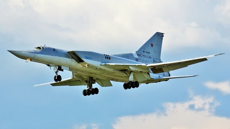 Tupolev Tu-22M coming in for a landing with its landing gear fully extended