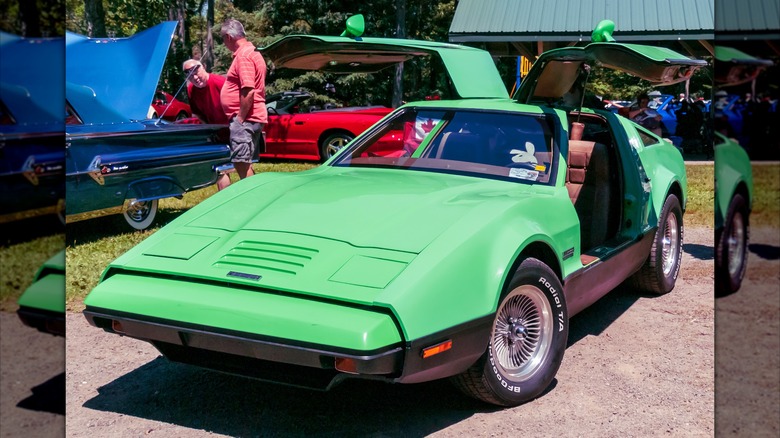 Green Bricklin SV-1 parked with doors open