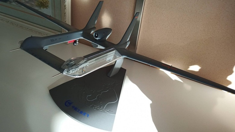 A desktop model of the WZ-9 'Divine Eagle' Chinese drone, showcasing a cutout of its planned antenna array