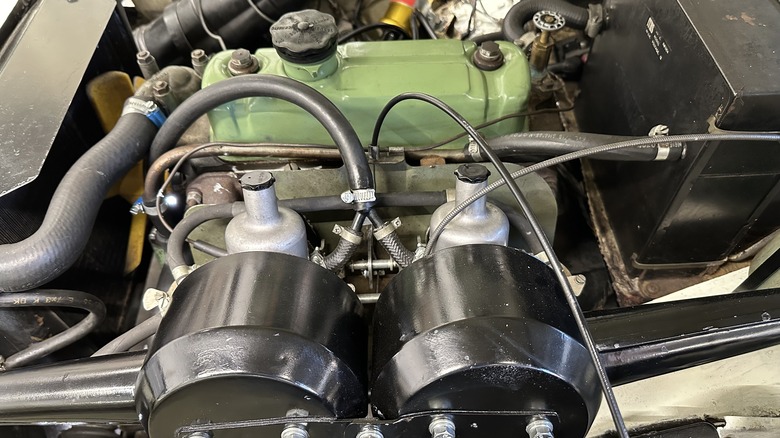 1275cc engine under hood of 1969 MG Midget