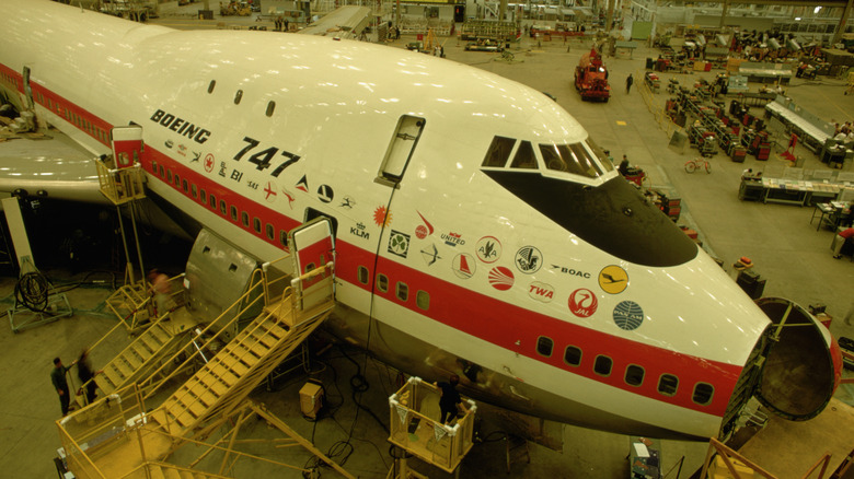 The first Boeing 747 being assembled at Boeing's factory.